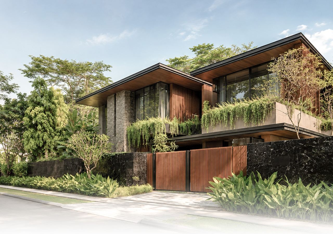 A managed residence with mature planting and a green facade.
