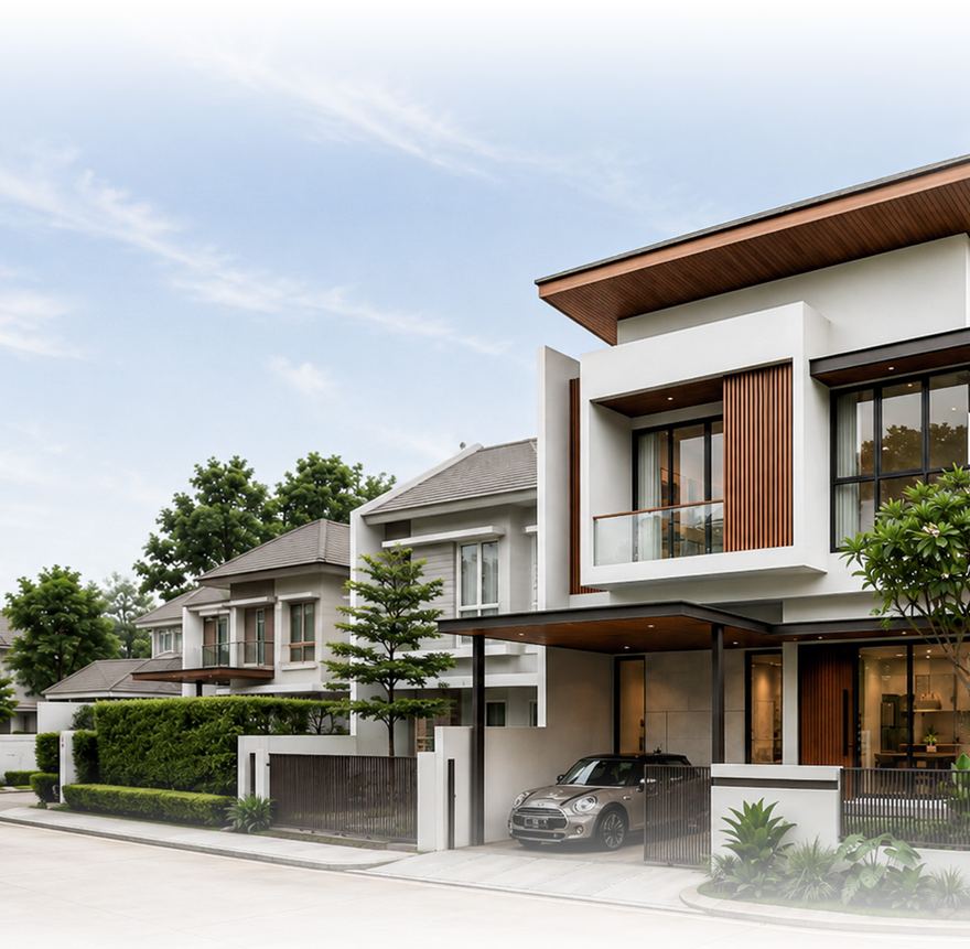 A residential street of managed homes.