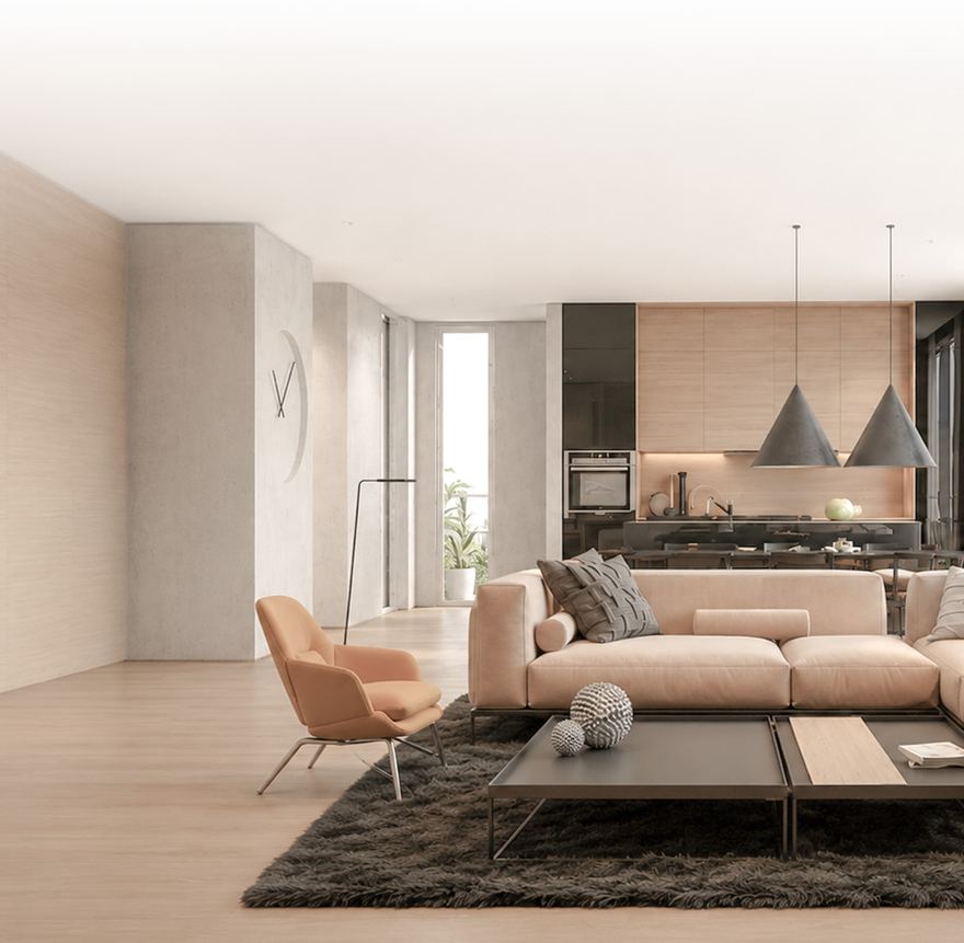 A warm, fully styled living area prepared for listing photography.