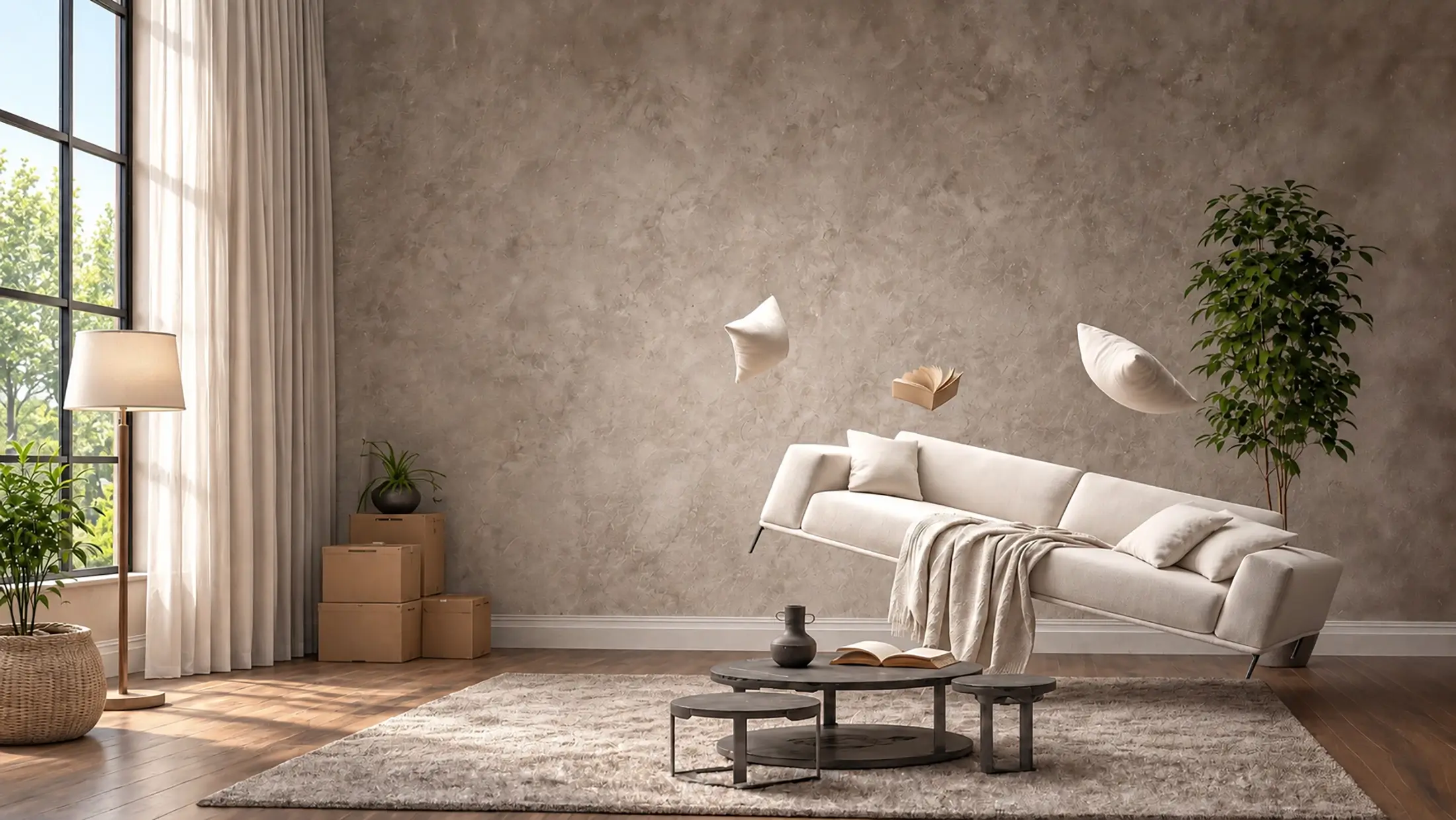 A furnished living room styled and prepared for short-term rental guests.